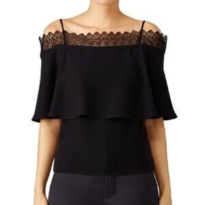Yigal Azrouel Solid Black Lace Trim Off The Shoulder Flounce Top Size 6